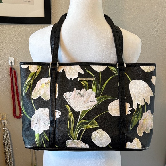 Dana Buchanan White Tulip Floral Black Tote Bag 16” - Picture 1 of 14